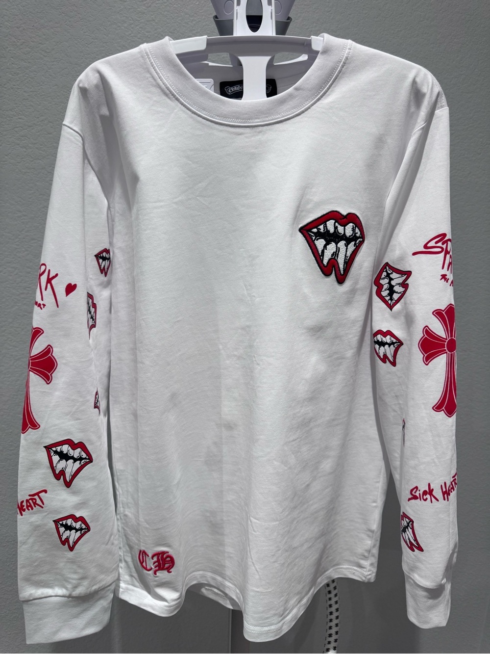 Chrome Hearts White Long Sleeve Tee with Red Graphic Lips & Crosses